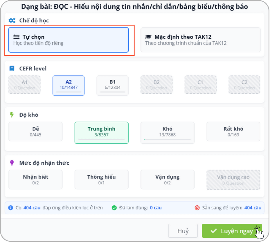 chọn độ khó tiếng anh